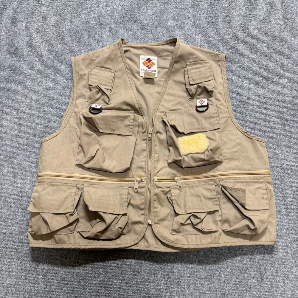 Vintage Columbia Sportswear Khaki Fishing Utility Vest Mens XL Canvas Outdoor
